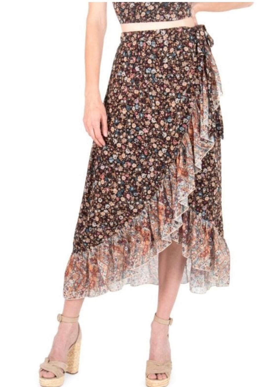 Secret Mission Super Natural Janice Maxi Ruffle Wrap Skirt Ditzy Floral Print M